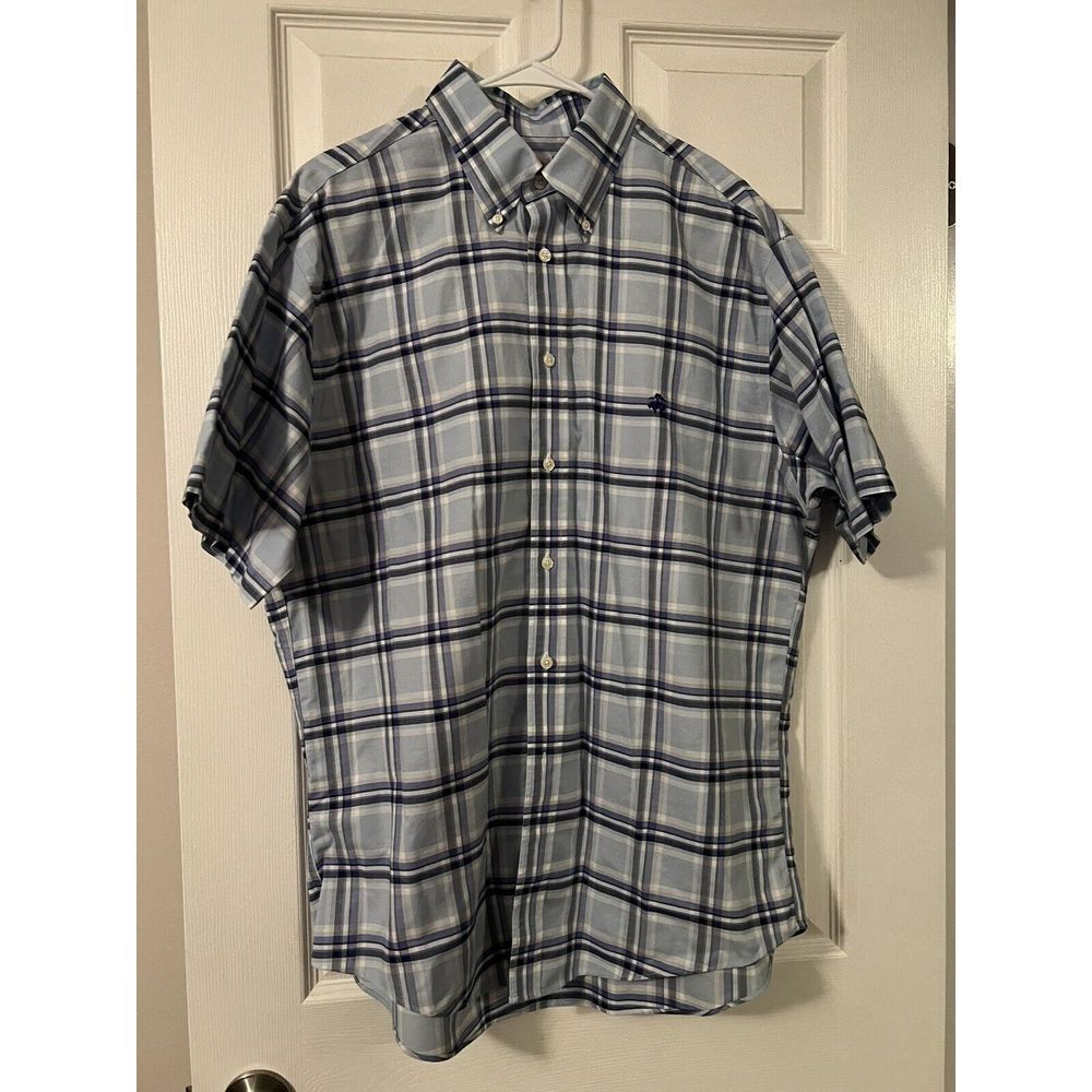 Brooks Brothers Men's Button Down Shirt Short Sleeved Blue Plaid Size Large